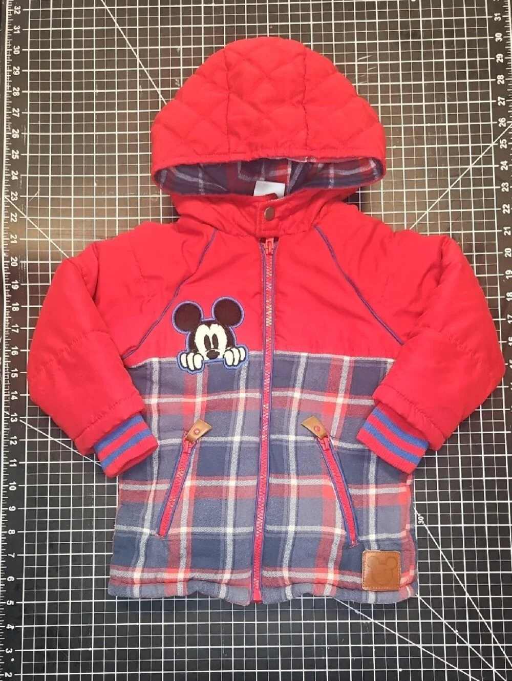 Disney Red Mickey Mouse Quilted Hooded Jacket Red Blue Plaid Toddler Size 3